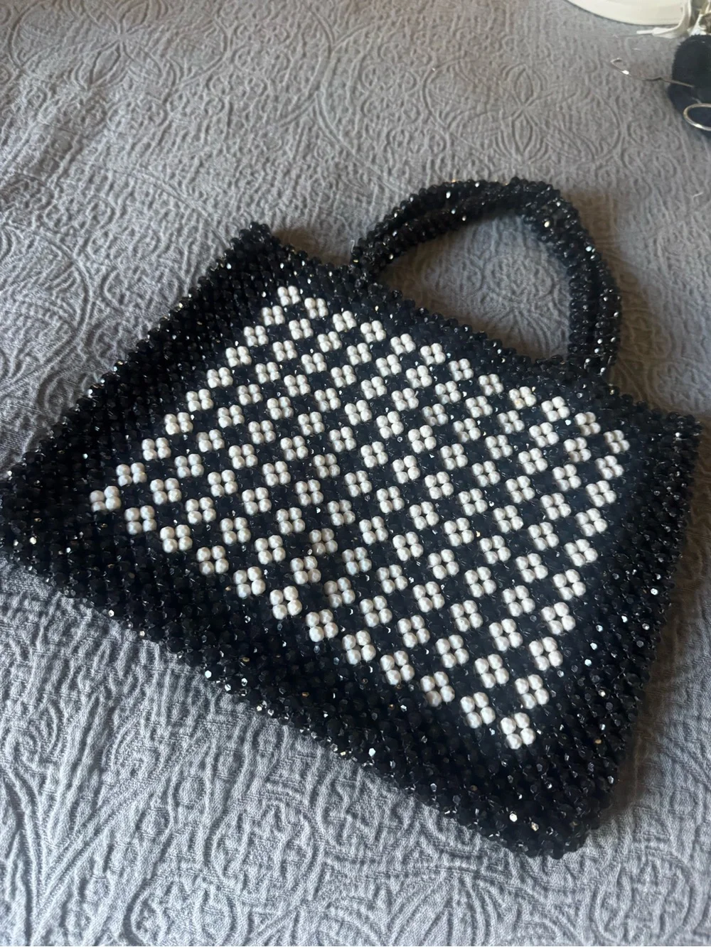 Trouve Black and White Beaded Checker Shoulder Bag